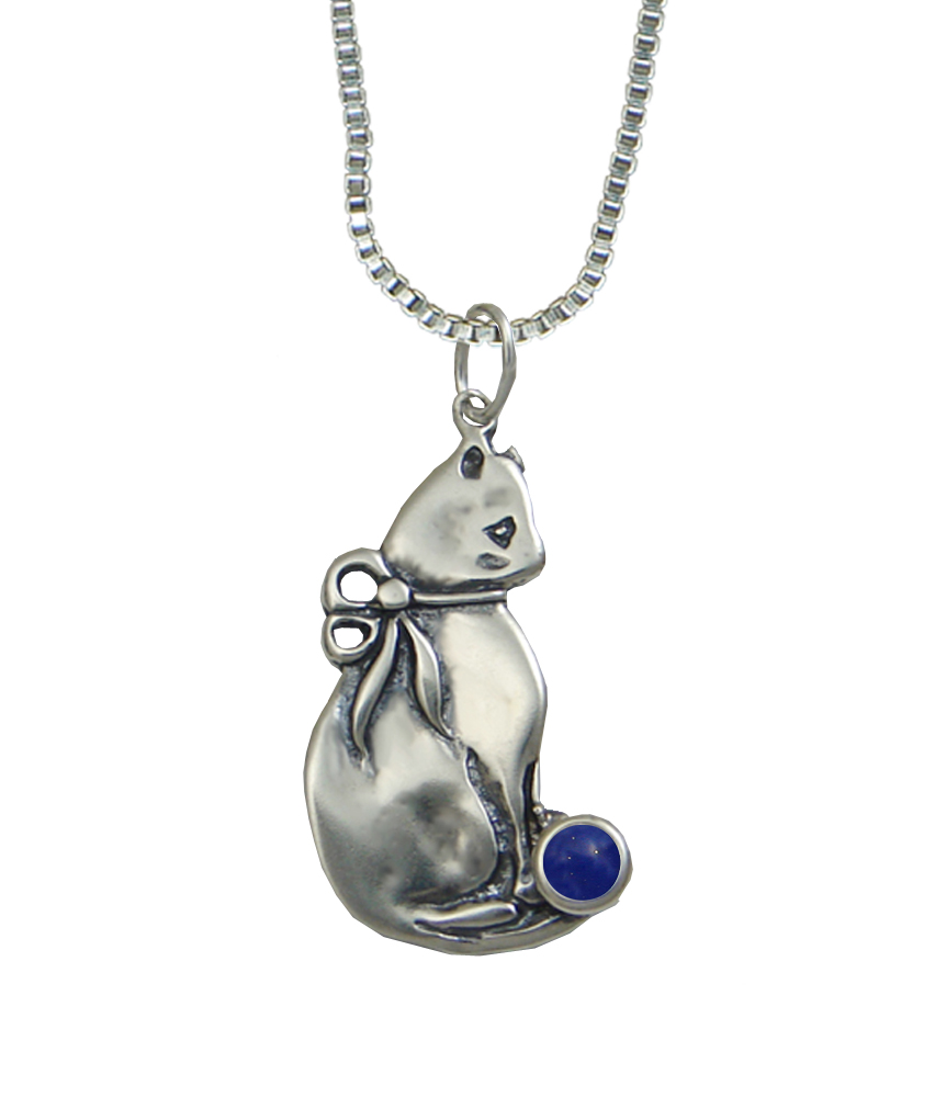 Sterling Silver Bowed Kitty Pendant With Lapis Lazuli